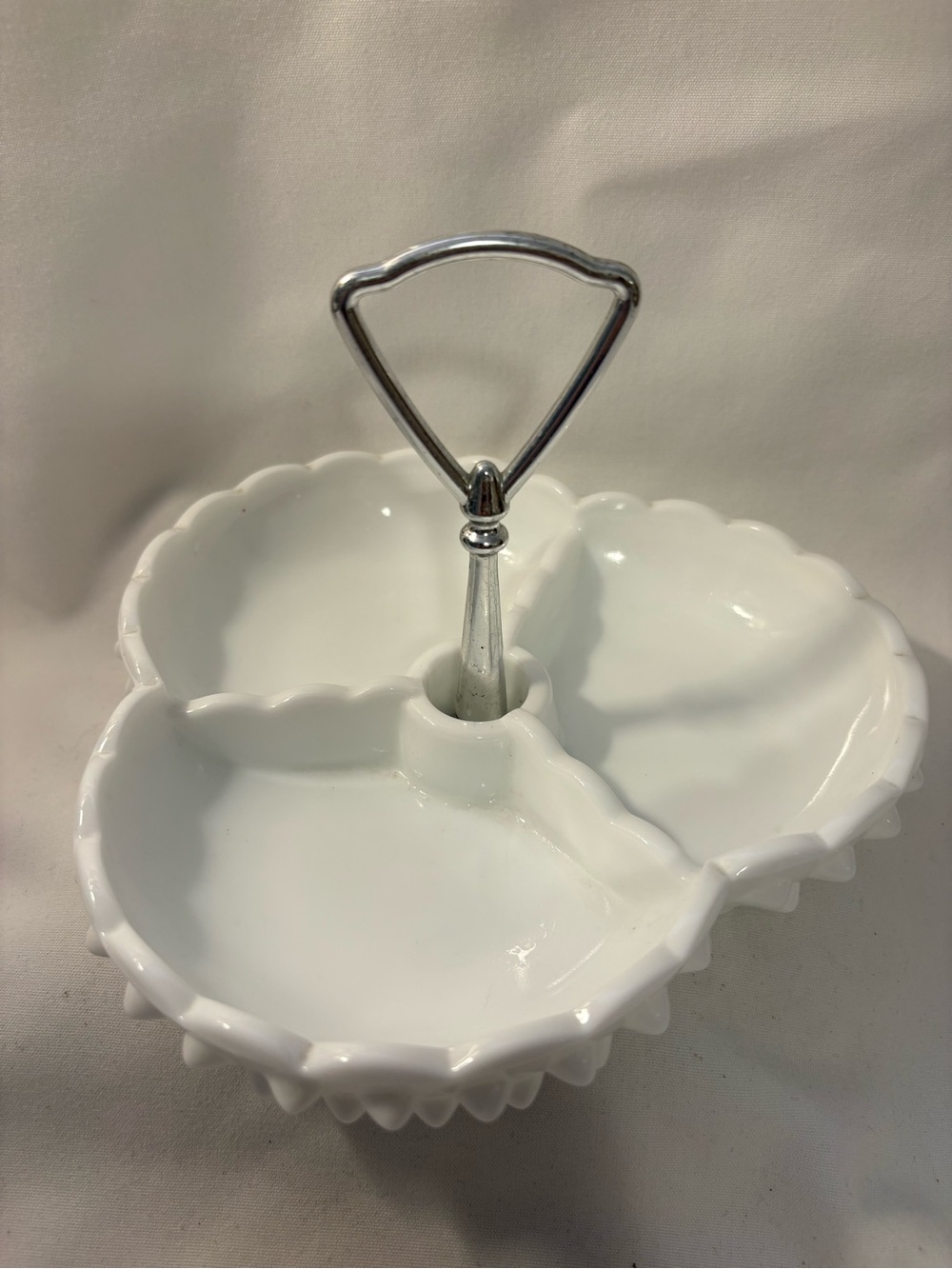 Vintage, Fenton, milk glass hobnail divided relish dish